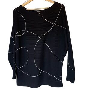 VINCE CAMUTO Black/White Abstract Oversized Ribbed Dolman Sleeve Sweater - Small